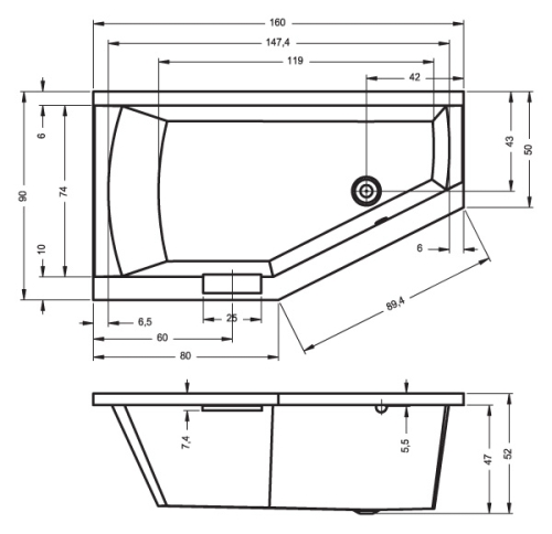 Riho Geta Aszimmetrikus kád jobbos 160x90 cm (BA86) B029001005