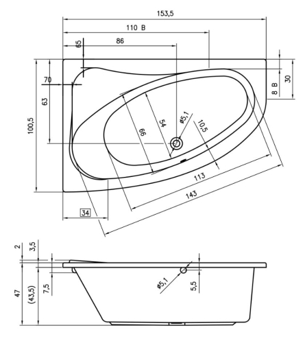 Riho ARYL 153,5×100,5 cm jobbos asszimetrikus kád, fehér (BA67) B021001005