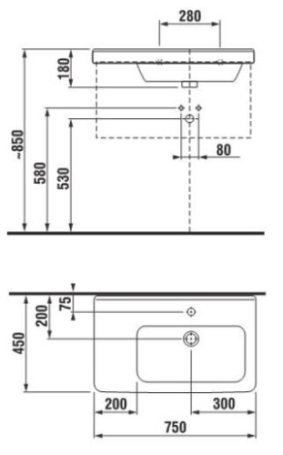 Jika Cubito 75x45 cm aszimmetrikus balos mosdó csaplyukkal H8124210001041 (8.1242.1.000.104.1)