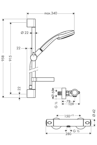 Hansgrohe Ecostat 1001 SL Combi termosztátos zuhanycsaptelep 0,90 m, Croma 100 Multi 3jet kézizuhannyal 27085 000 (27085000)