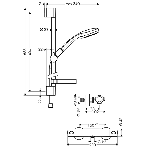 Hansgrohe Ecostat 1001 SL Combi termosztátos zuhanycsaptelep 0,65 m, Croma 100 Multi 3jet kézizuhannyal 27086 000 (27086000)