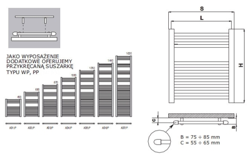 Radeco Dora AD3-500/P D profilos egyenes típusú törölközőszárítós csőradiátor (545 W, fehér, 870x550 mm)