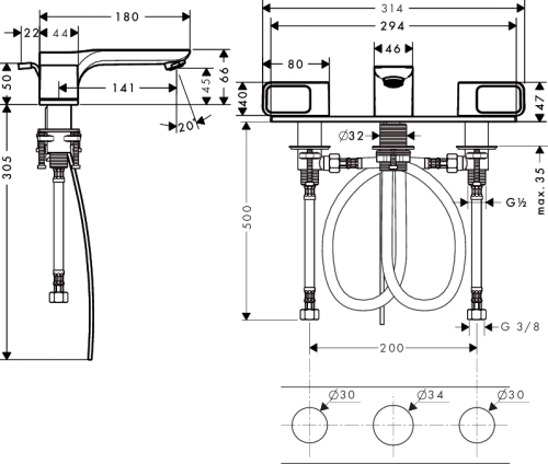 Hansgrohe AXOR Urquiola 3-lyukú mosdócsaptelep, automata lefolyó-garnitúrával, dekorlappal 11040 000 (11040000)