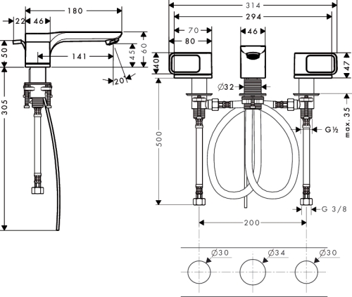 Hansgrohe AXOR Urquiola 3-lyukú mosdócsaptelep, automata lefolyó-garnitúrával, takarórozettákkal 11041000