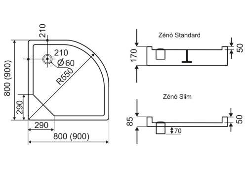 H2O Zeno Slim 90x90 negyedköríves zuhanytálca (12310)