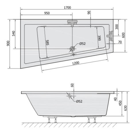 Polysan ANDRA L 170x90x45cm-es aszimmetrikus kád, balos (81111)