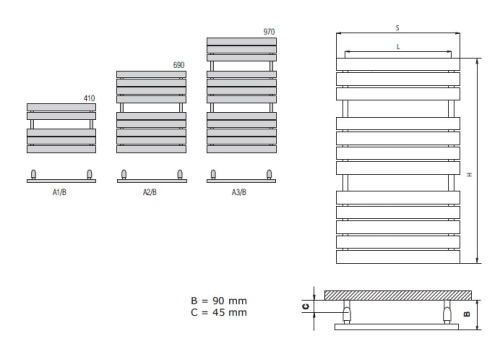 Radeco Bari A3-450/B O profilos egyenes törölközőszárítós csőradiátor (840 W, fehér, 970x550 mm)