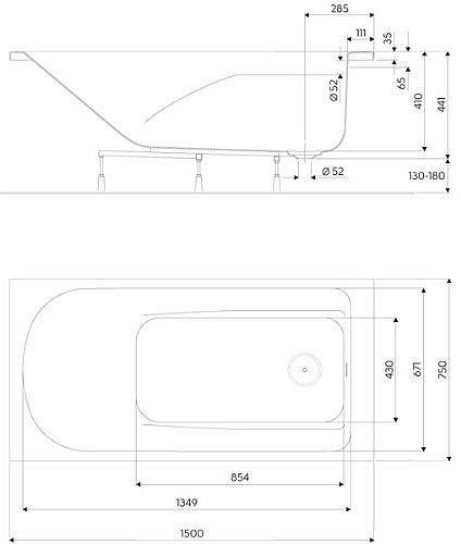 Kolo Comfort Plus egyenes kád kapaszkodó nélkül 150 (150x75x41 cm, XWP1450000)