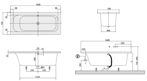 Villeroy & Boch Loop & Friends, Duo, 160x70 cm fürdőkád szögletes belső formával UBA167LFS2V-01