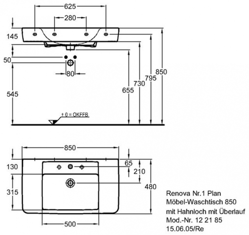 Keramag Renova Nr. 1 Plan mosdó bútorhoz csaplyukkal keratect felülettel (85x48 cm, 122185600)
