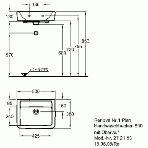 Keramag Renova Nr. 1 Plan kézmosó csaplyuk nélkül (50x38 cm, 272153000)