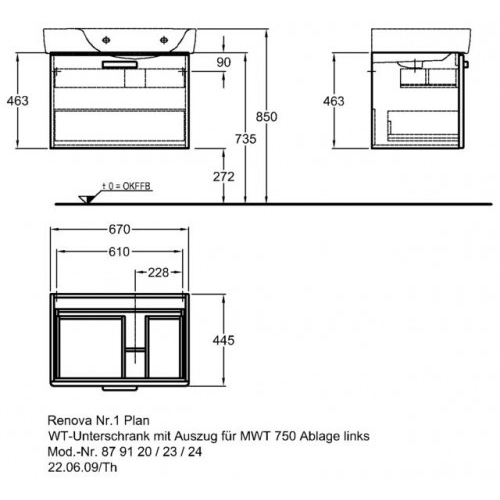 Keramag Renova Nr. 1 Plan szekrény aszimetrikus mosdóhoz magasfényű wenge (68x46,3x44,5 cm, 879123000)