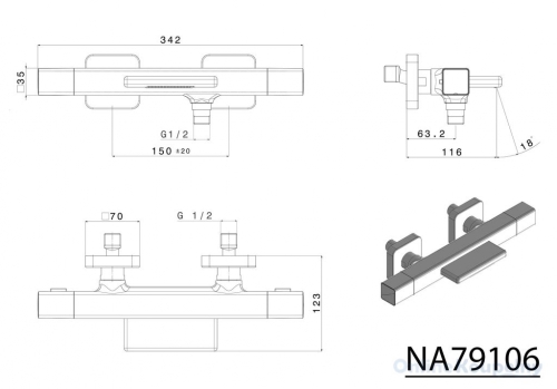 Sapho NABO fali kád termosztatikus csaptelep, kaszkád, króm, (NA79106)