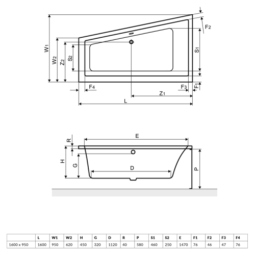 Excellent M-Sfera 160x95 cm-es aszimmetrikus kád kádlábbal, jobbos