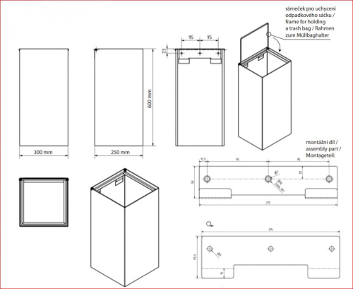 Sapho BEMETA HOTEL Fali vagy álló szemetes, 300x600x250mm, 45l, inox/polírozott 101915121