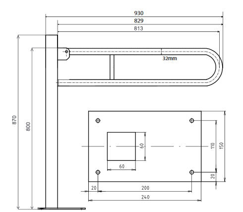 Bemeta HELP 80 cm-es rozsdamentes acél kapaszkodó, felnyitható, padlóra rögzíthető, matt 301107602