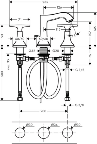 Hansgrohe Metropol Classic 110 3-lyukú mosdócsaptelep automata lefolyó-garnitúrával, króm/arany hatású 31306 090 (31306090)