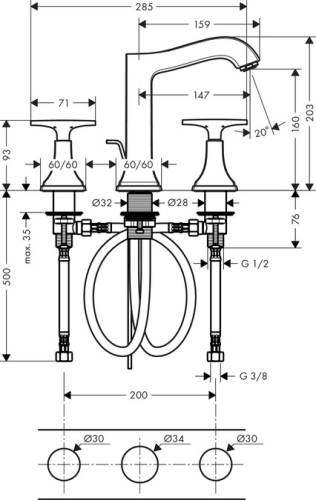 Hansgrohe Metropol Classic 160 3-lyukú mosdócsaptelep automata lefolyó-garnitúrával, króm 31307 000 (31307000)