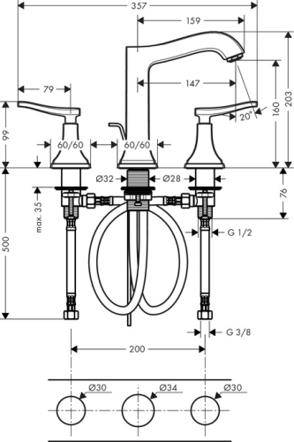 Hansgrohe Metropol Classic 160 3-lyukú mosdócsaptelep automata lefolyó-garnitúrával, króm 31331 000 (31331000)