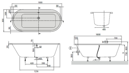 Villeroy & Boch Subway 180x80 cm ovális fürdőkád UBA180SUB7V-01