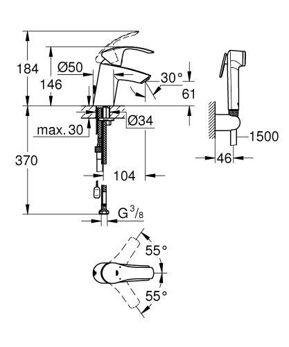 Grohe Eurosmart egykaros mosdócsaptelep bide zuhannyal 23124 002 (23124002)