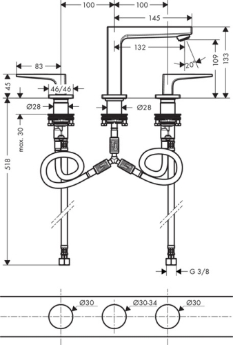 Hansgrohe Metropol 3-lyukú mosdócsaptelep 110 loop fogantyúval, push-open lefolyóval 74514 000 (74514000)