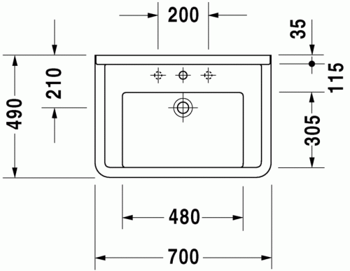 Duravit Starck 3 70x49 cm mosdó túlfolyó nélkül, három csaplyukkal 0304700044