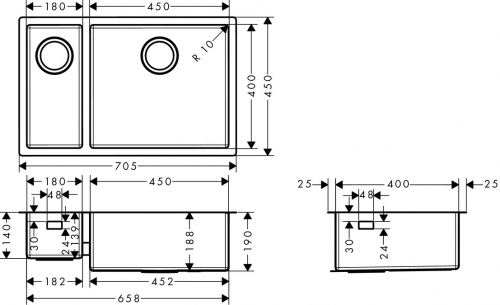 Hansgrohe S719-U655 munkalap alá rögzített mosogató 180x450; 43429800