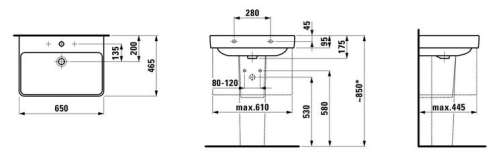 Laufen Pro S 65x46,5 cm mosdó három csaplyukkal H8109640001081 (8.1096.4.000.108.1)