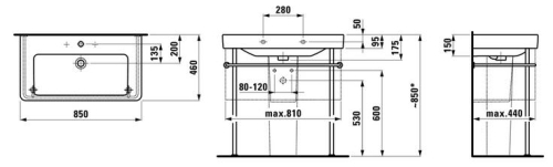 Laufen Pro S 85x46 cm mosdó három csaplyukkal H8139650001081 (8.1396.5.000.108.1)