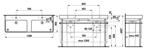 Laufen Pro S 130x46 cm dupla mosdó csaplyuk nélkül H8149680001091 (8.1496.8.000.109.1)