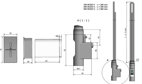 Sapho elektromos termosztátos fűtőpatron radiátorhoz, távirányítóval, 900W, kerek, antracit (HVO-900A)