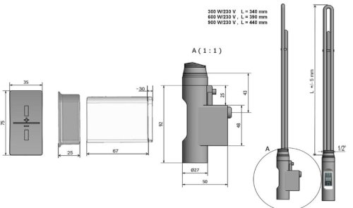 Sapho elektromos termosztátos fűtőpatron radiátorhoz, távirányítóval, 900W, kerek, króm (HVO-900C)