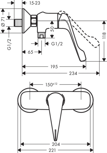 Hansgrohe Novus Care egykaros falsíkon kívüli zuhanycsaptelep extra hosszú fogantyúval 71926000