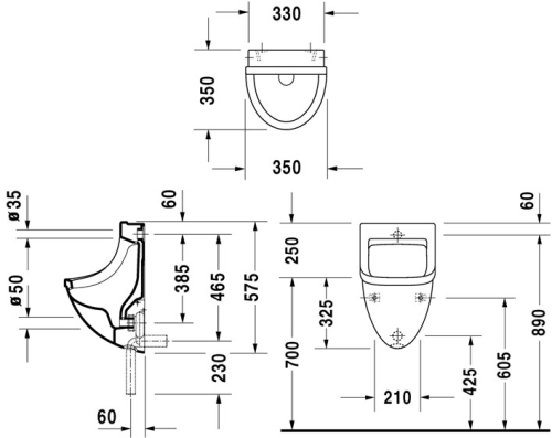 Duravit Starck 3 hátsó vízbekötésű piszoár WonderGliss felülettel 08213500001