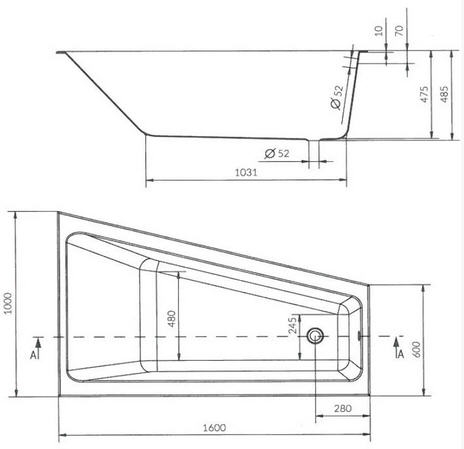 Cersanit Crea 160x100 cm-es aszimmetrikus kád, jobbos S301-230