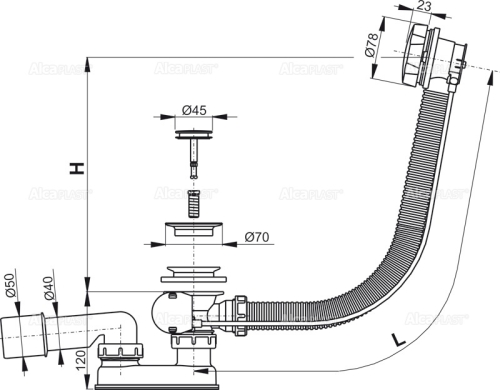 Alcaplast A55K 120 automata kádszifon, króm (hossz 1200mm)