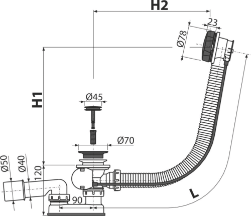 Alcaplast A55BLACK 80 automata kádszifon, fekete (hossz 800mm)