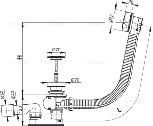 Alcaplast A51BM 100 automata kádszifon, fehér (hossz 1000mm)