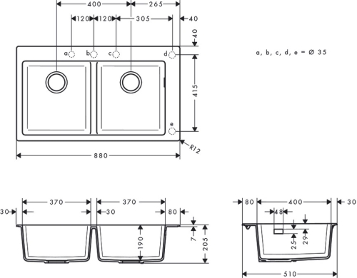 Hansgrohe S510-F770 beépített mosogató 370/370 két medencével, grafitfekete 43316170