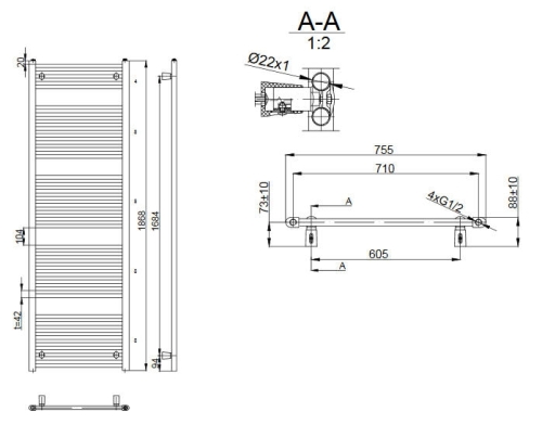 AQUALINE Fürdőszobai radiátor, 750x1868MM, 1238W, egyenes fehér ILR87E