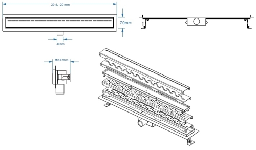 Roltechnik rozsdamentes zuhanyfolyóka, WHITE GLASS (fehér üveg) betéttel, 700 mm, RRF-WG-700