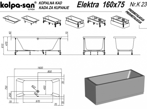 Kolpa-San Elektra 160/M-1+MIKRO Beépíthető egyenes fürdőkád vízmasszázs rendszerrel mikrofúvókákkal 931690