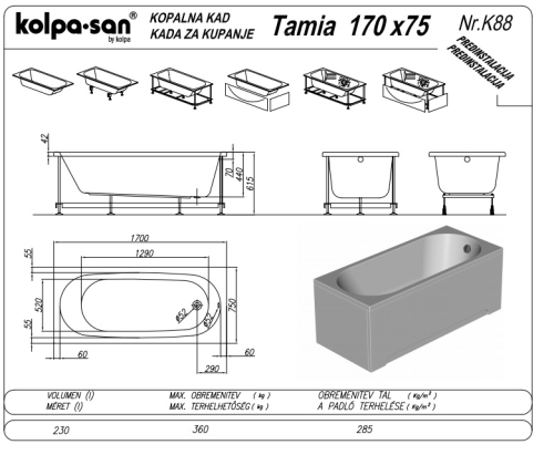 Kolpa-San Tamia 170x75/M-1 Beépíthető egyenes fürdőkád vízmasszázs rendszerrel 590630