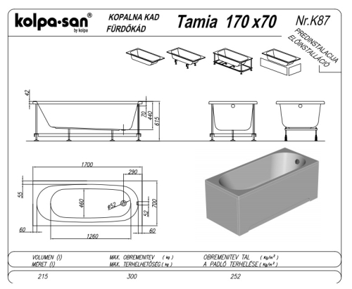 Kolpa-San Tamia 170x70 Beépíthető egyenes fürdőkád 992230