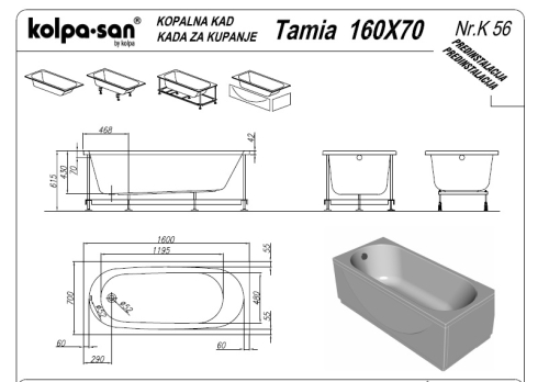 Kolpa-San Tamia 160x70 Beépíthető egyenes fürdőkád 752900