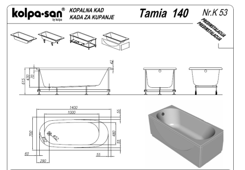 Kolpa-San Tamia 140x70 Beépíthető egyenes fürdőkád 752910