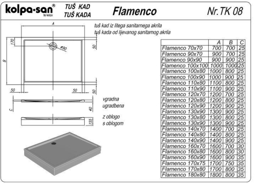 Kolpa-San Flamenco 70x70/O előlapos zuhanytálca 571120