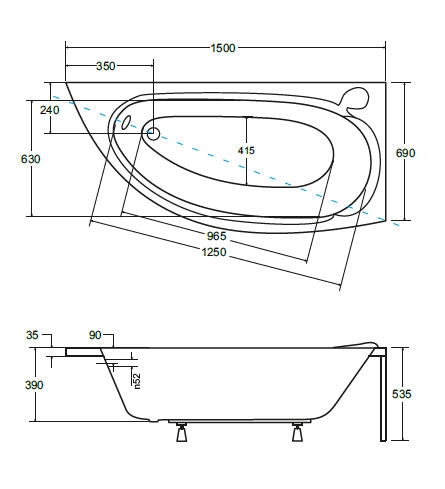 Besco Mini 150x70 cm aszimmetrikus kád, jobbos