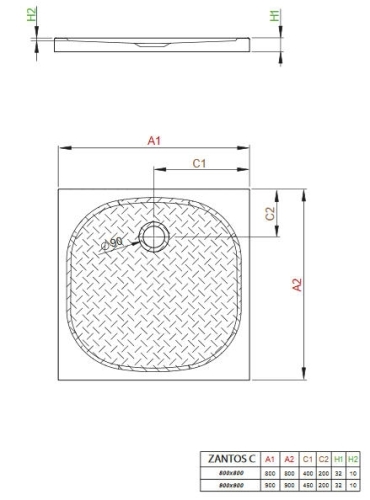 Radaway Zantos C 90x90 cm szögletes öntöttmárvány zuhanytálca M3ZNC9090-06